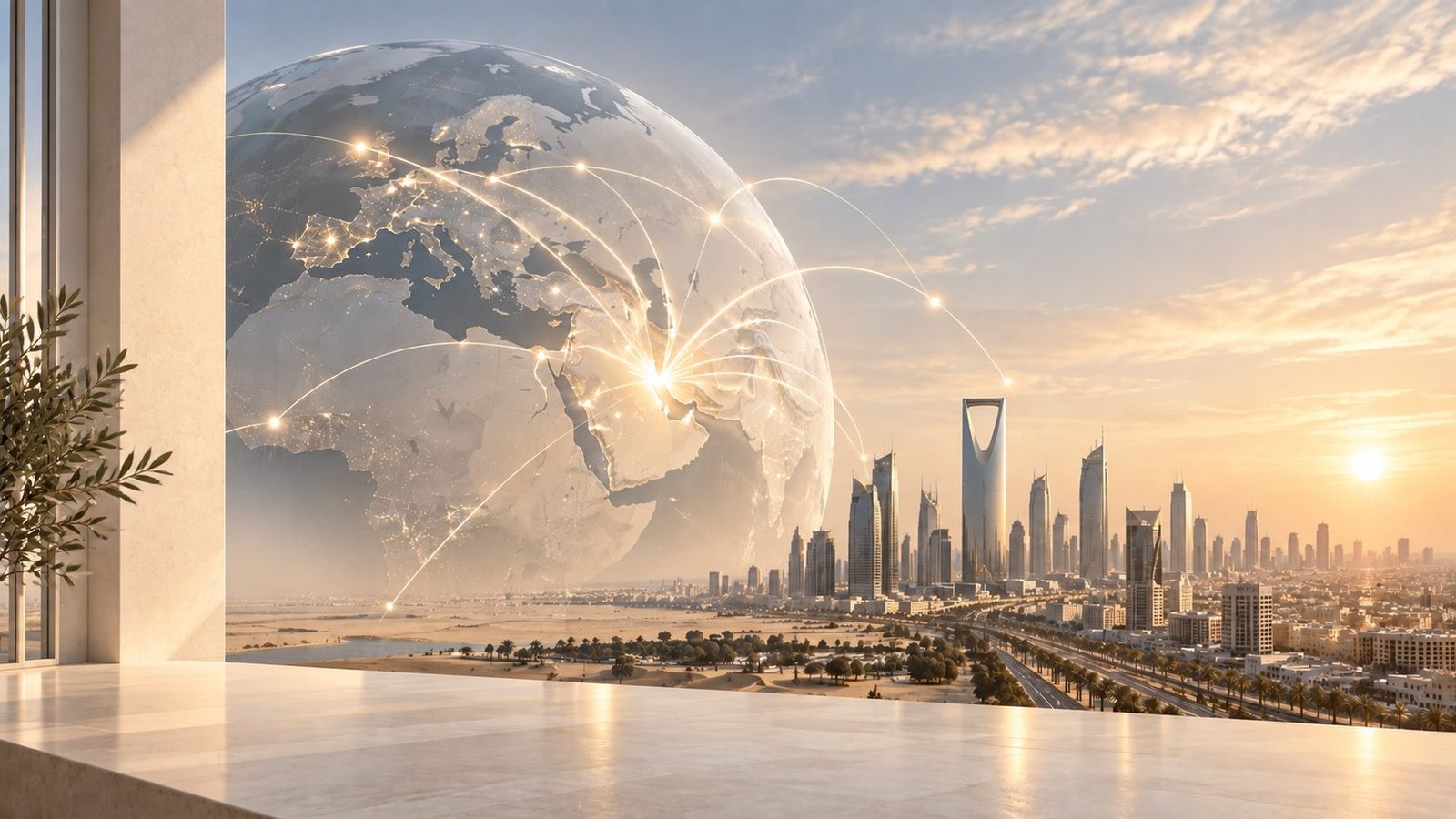 Globale Technologieverbindungen zwischen internationalen Märkten und einer Skyline der Golfregion