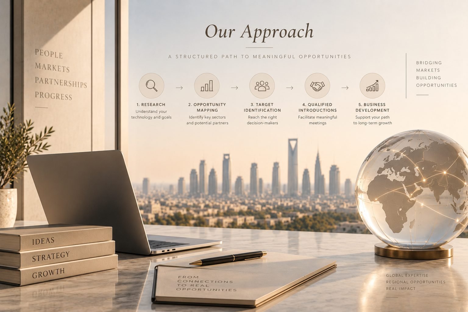 Der Ansatz von Optima Growth: Recherche, Opportunity Mapping, Zielidentifikation, qualifizierte Einführungen, Business Development